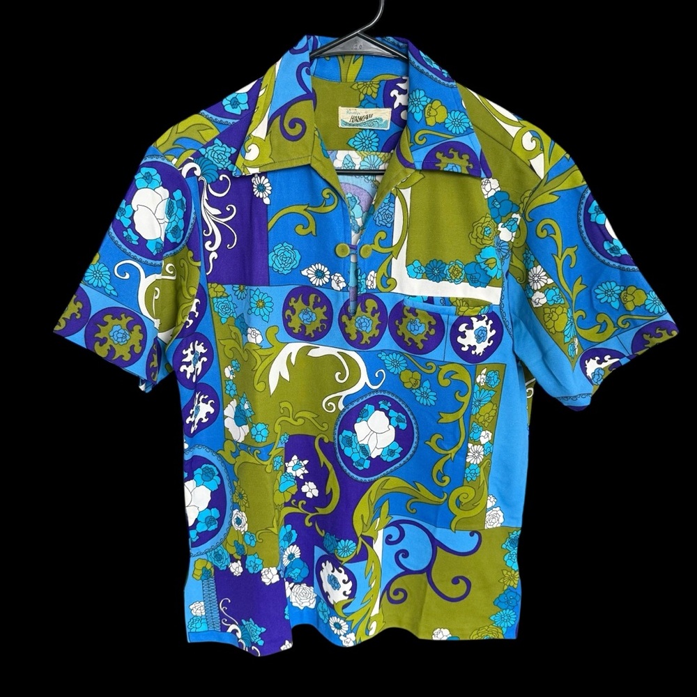 Vintage Pennys Hawaiian Shirt Knit Fabric Abstract Rockabilly Fits Medium